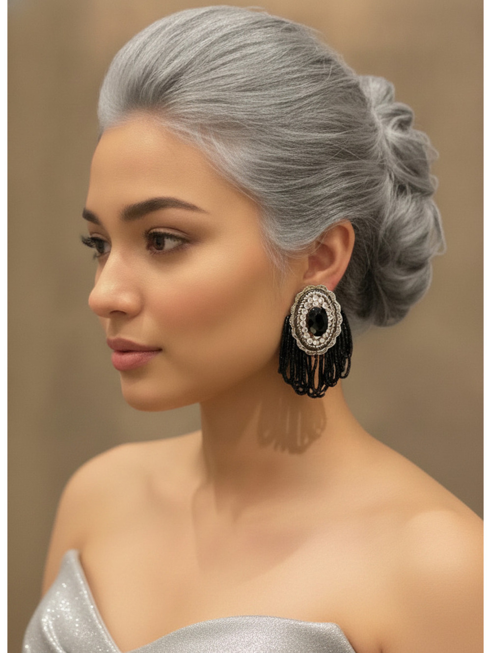 Black Seed Bead Drop Clip Earrings with Silver and Rhinestone Accents [COPY]